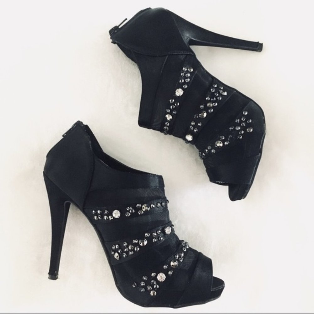 Jeweled and Mesh Black Peep Toe Bootie High Heel | Sexy Fun Celebrity Socialite - Picture 1 of 7